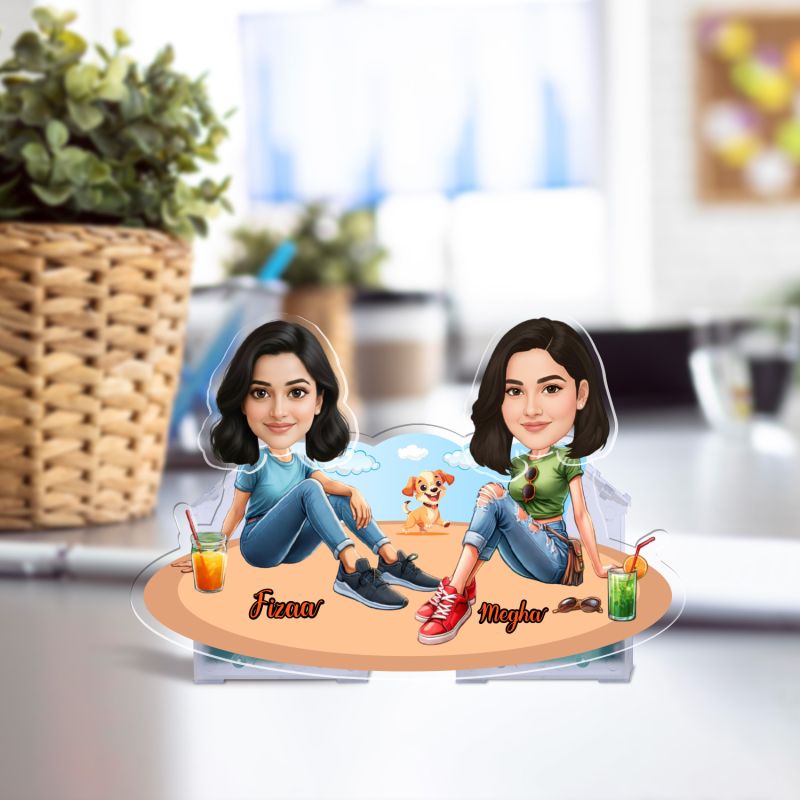 Personalized Best Friends with Dog Bobblehead Caricature Gift for Sisters, Besties & Pet Lovers Tabletop Desk Decor Gift for Birthday & Friendship Day Battery Powered Moving Head